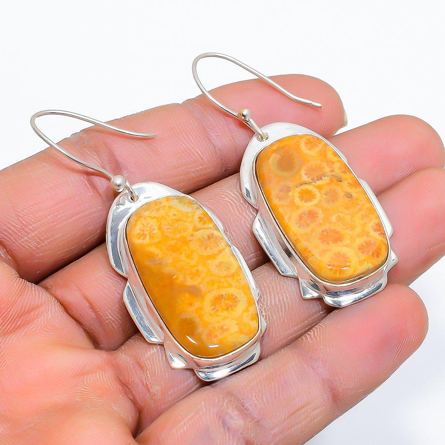 Fossil Coral Gemstone Handmade 925 Sterling Silver Jewelry Earring 2.09" SU-10142