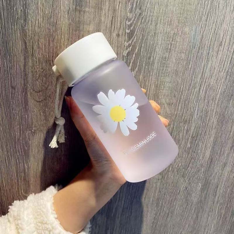 Daisy Pattern Plastic Tumbler with Non-Slip Lid, 401-500ml Shatterproof Water Bottle for School Gym Travel - Frosted/Transparent