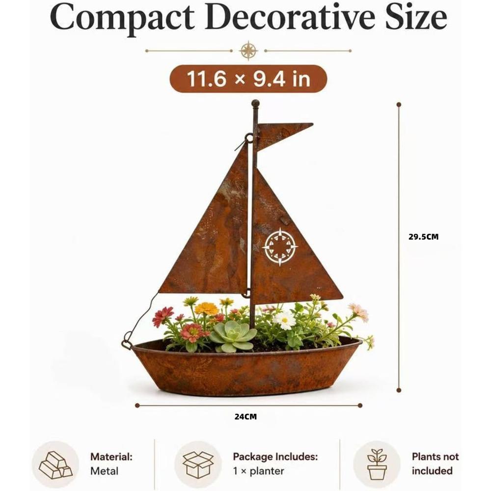 Rustic Sailboat Metal Planter,Metal Sailboat Garden Stake, Rustic Iron Yard Art, Vintage Nautical Theme Ideal for Garden, Patio, Outdoor Home Decor