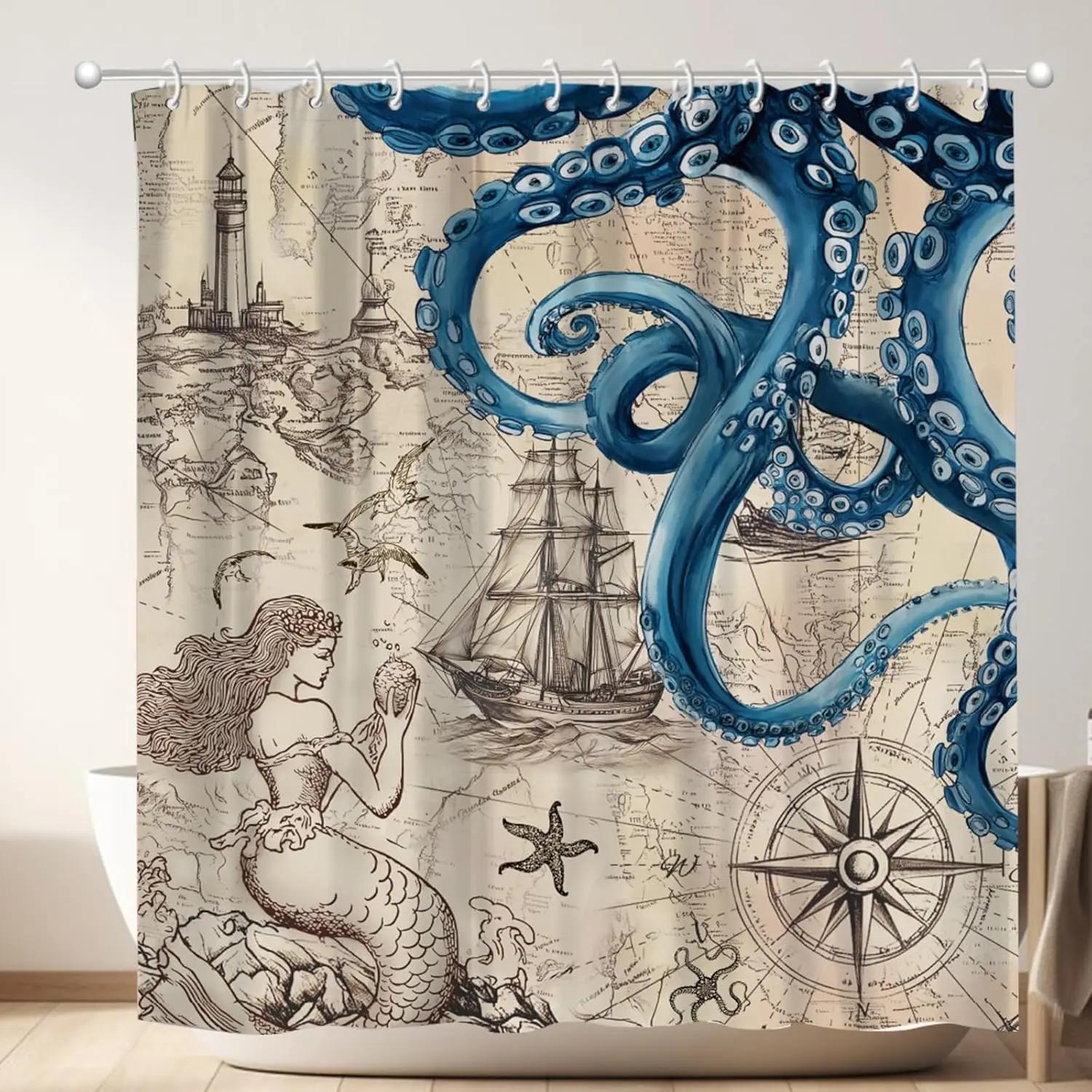 Tenda da Doccia Polpo Nautico Vintage, Tende da Doccia Kraken Oceanico Divertenti Impermeabili, 72x72 Pollici Ancora Mappa Costiera Doccia
