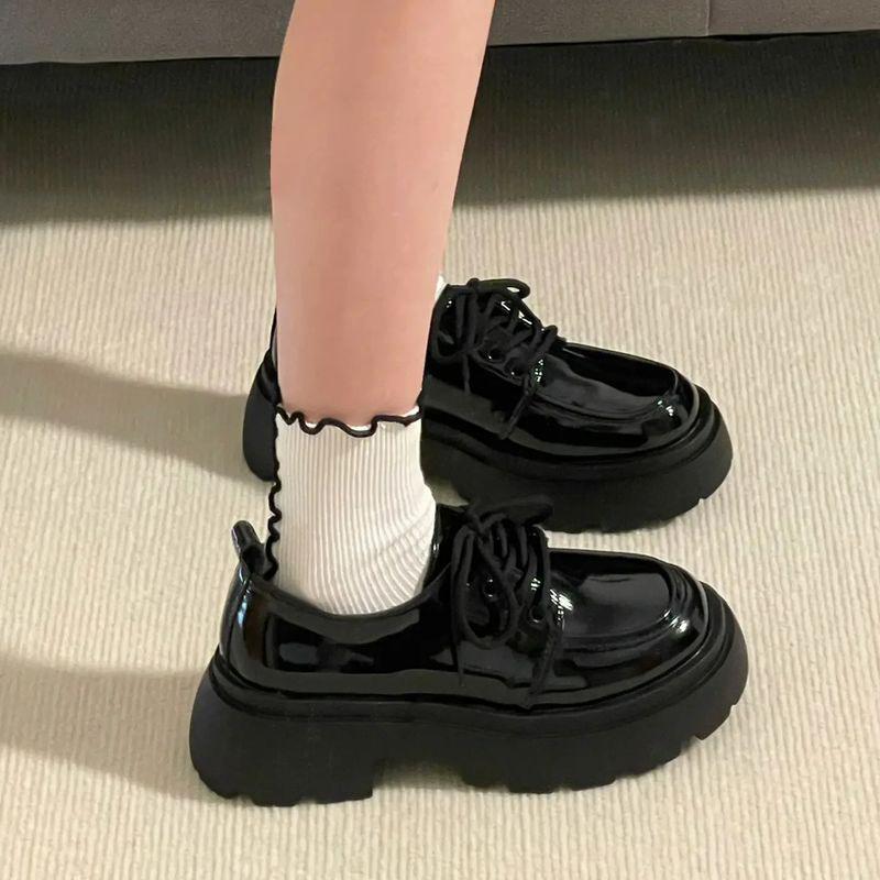 Black lace-up small leather shoes women's college style new versatile thick-soled heightening single shoes tide