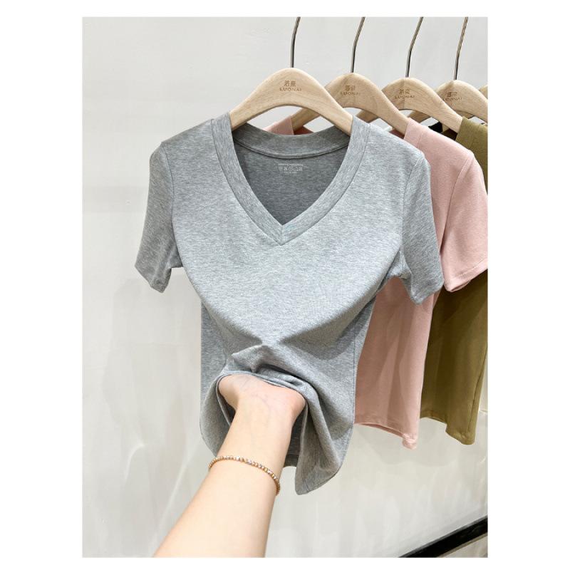Front Shoulder Short-sleeved T-shirt Women's New Summer Basic Slim-fitting and Thin American Flower Gray V-neck Top