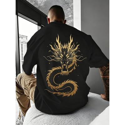 Europäische Größen Minimaler Drachenschwert Grafik-T-Shirt | Herren Sommer Lockerer Sitz Orientalisches Streetwear-T-Shirt