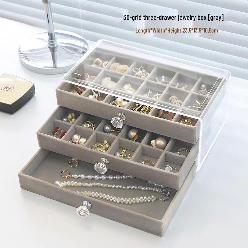 Three-Layer Velvet Jewelry Storage Box with Dustproof Acrylic Cover
