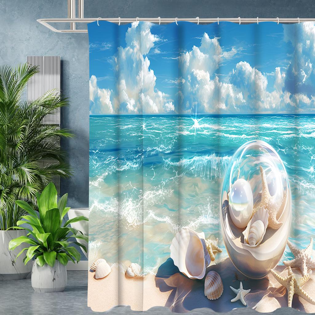 Beach Shells Pattern Bathing Curtain  Bathroom Shower Curtain Waterproof With 12 Hooks Home Deco Free Ship