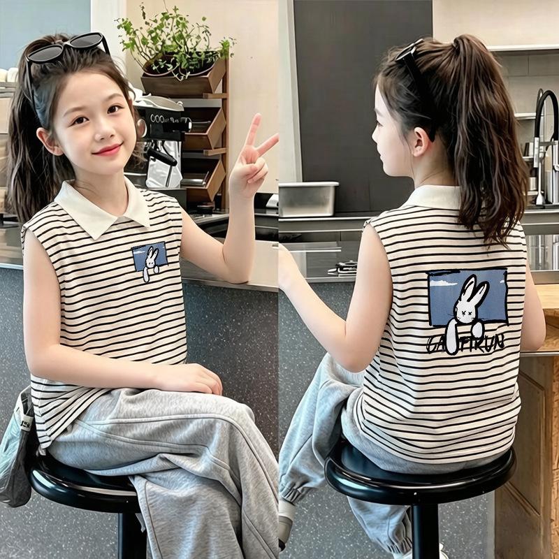 Girls' Cotton Striped Sleeveless Polo Shirt