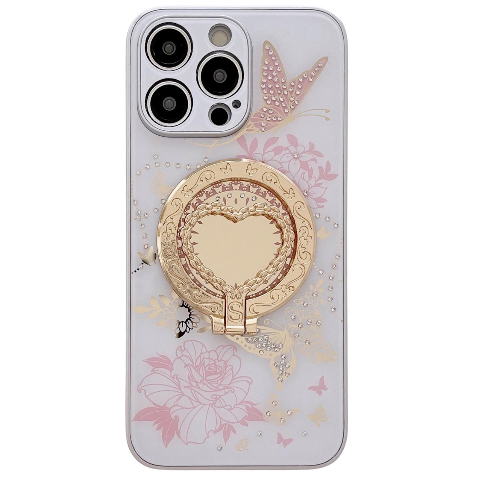 

For iPhone 15 Pro Max Magnetic Case Heart Shape Kickstand TPU+PC Phone Cover Flower Butterfly Pattern White/Pink