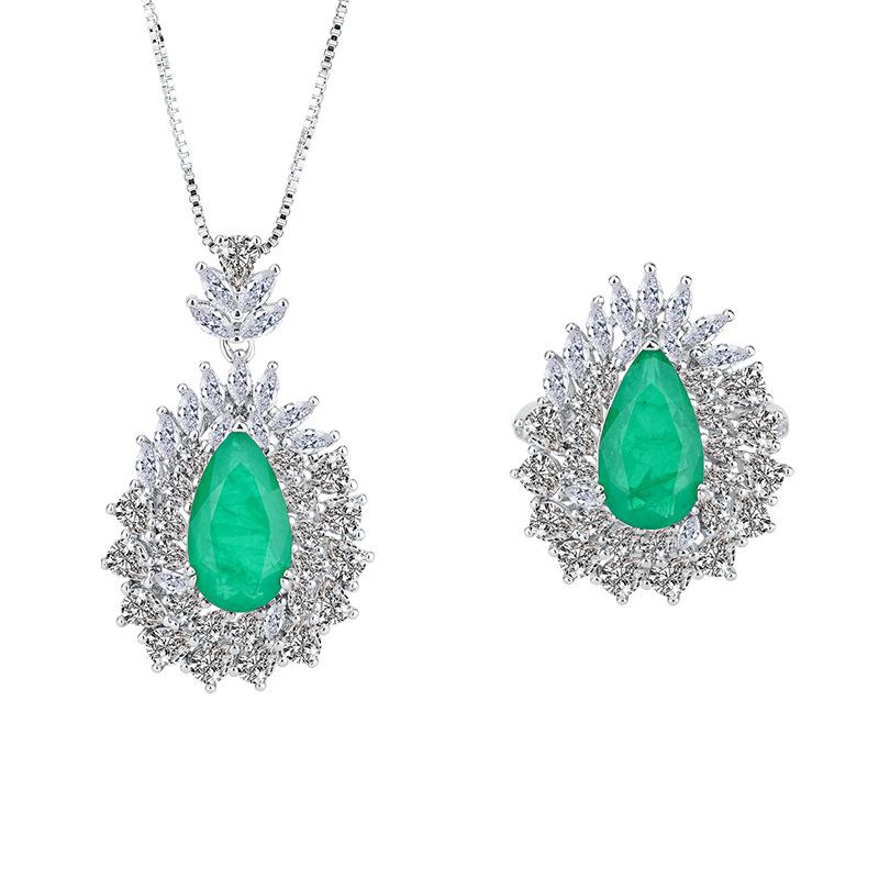 Jewelry Set Simulation Emerald Diamond Pendant Ring Main Stone 8 * 14