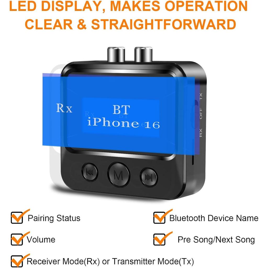 Bluetooth Transmitter Receiver for TV, Audio Adapter for Home Stereo with RCA 3.5mm AUX & Display, Bluetooth Transmitter for Headphones/Speakers