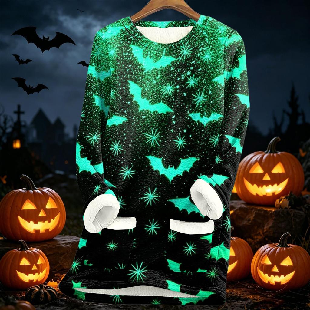 Women's Long Sleeve Pullover Fleece Lined Sweatshirt Cozy Thick Warm Lamb Wool Autumn Winter Top Halloween Print
