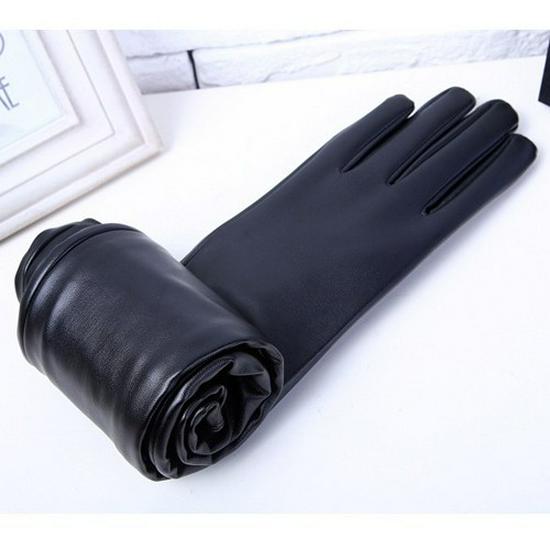 Women's Extra Long Black Touchscreen Leather Gloves - Warm Lined, Over-the-Elbow, Autumn/Winter