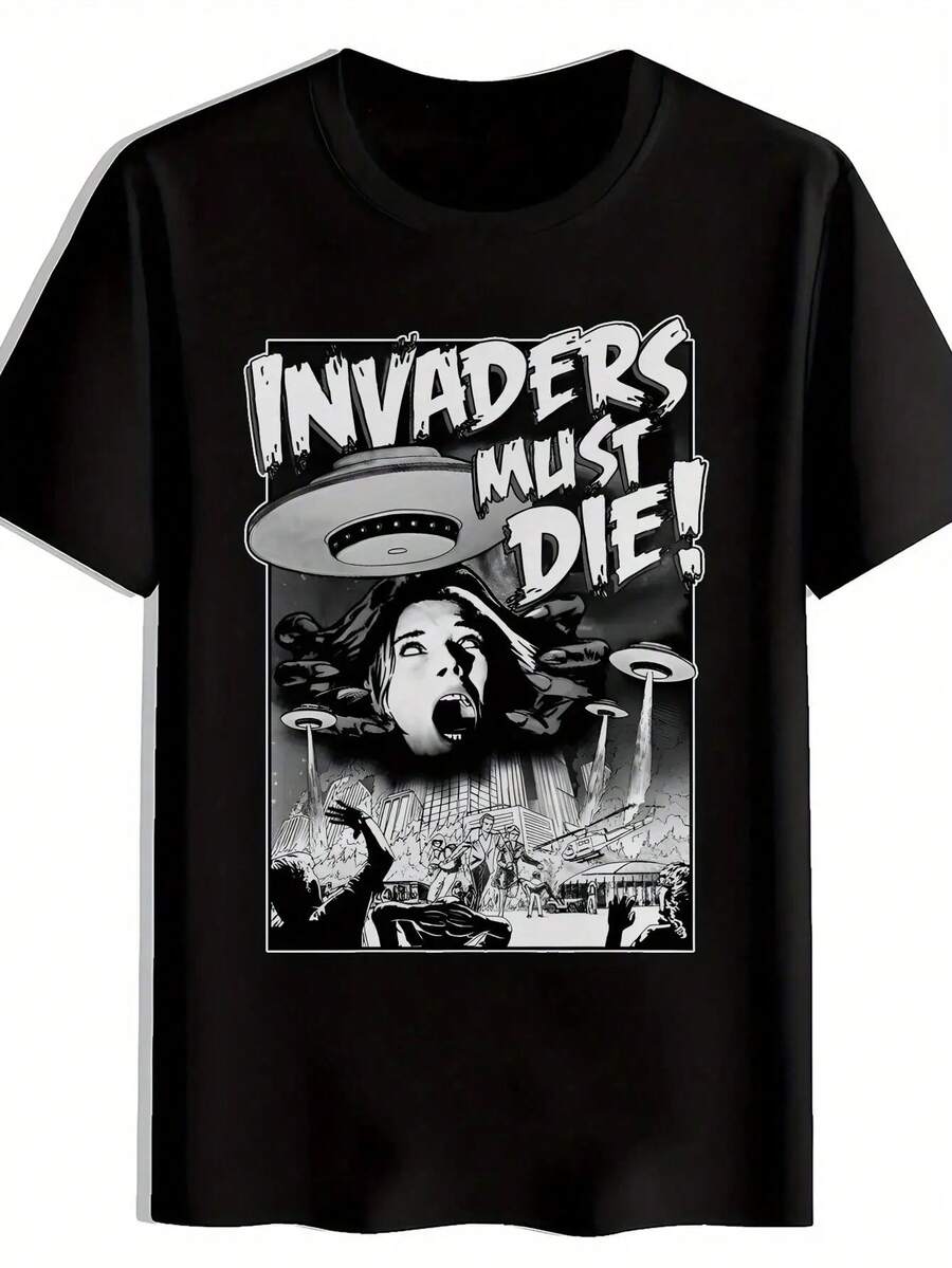 

Halloween Men s Vintage Heavy Metal Graphic T-Shirt - Alien UFO Invasion Design With Invaders Must 5XL різнокольоровий