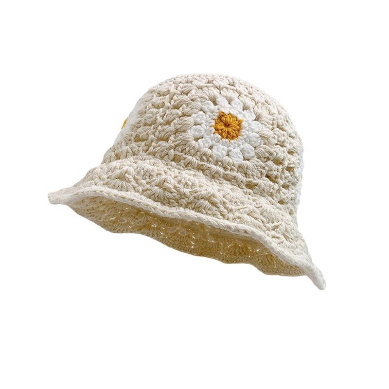 

Весенне-осенняя японская вязаная шапка ручной работы с цветком для женщин, нишевая, ажурная, шерстяная, универсальная, шляпа-ведро, подчеркивающая лицо, тренд