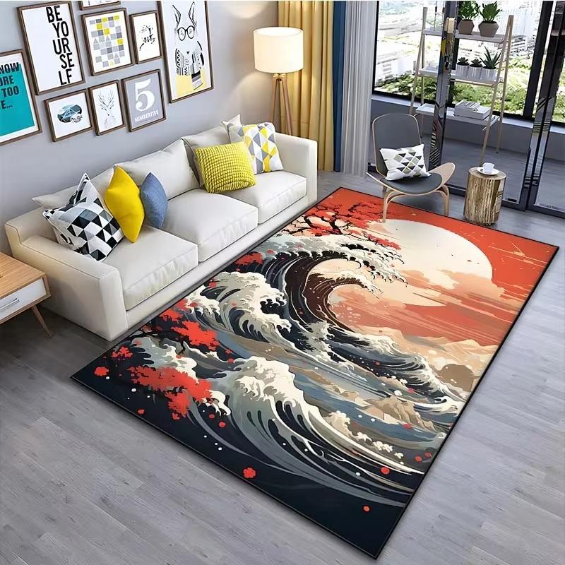 Japanische Kunst Kanagawa Wellen Teppich für Wohnzimmer Heimdekoration Großer Teppich Schlafzimmer Boden Teppich Rutschfest Leicht Waschbar Exquisit
