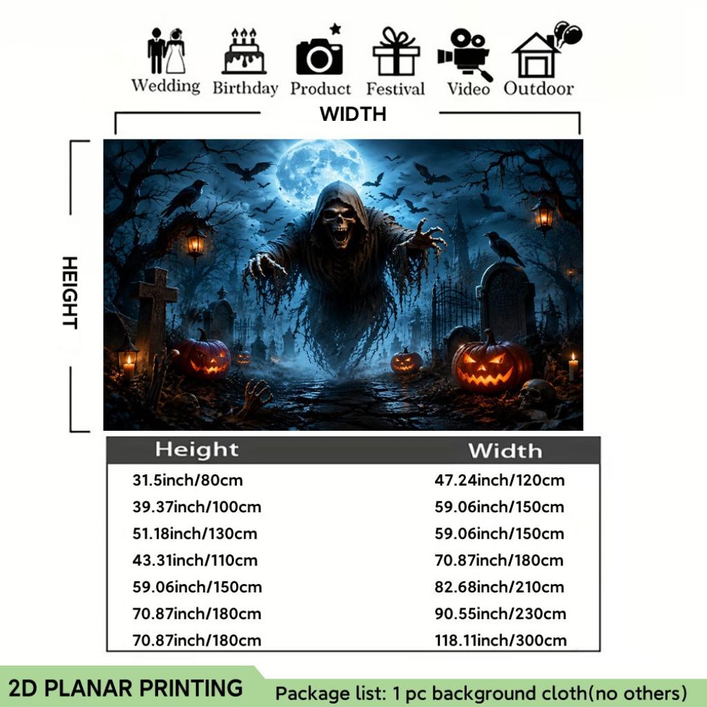 1 piece of 2D flat banner, "Ghost at the Cemetery on Halloween Night", polyester fabric background cloth.zyc