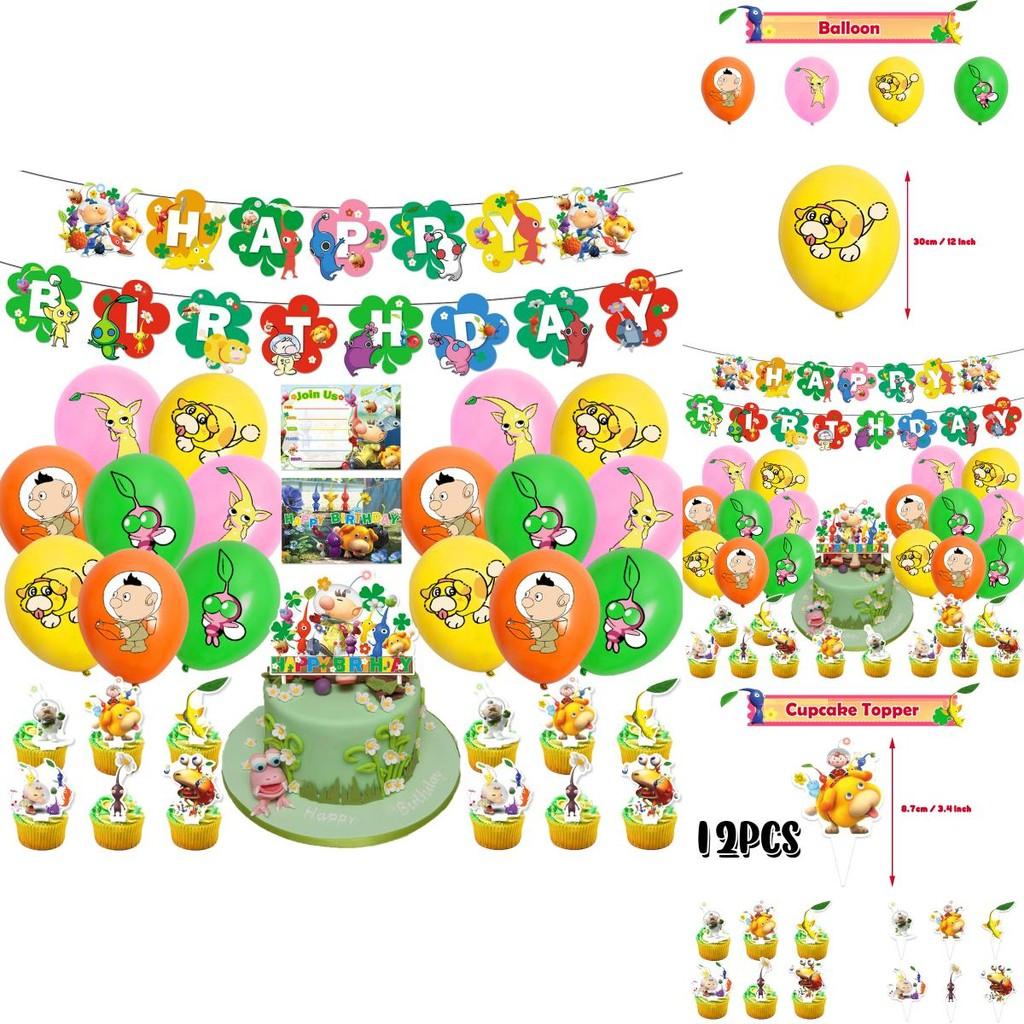 Pikmin-4 Geburtstagsparty-Dekorationsset: Papiergirlande, Luftballons, Tortenaufsatz, Cupcake-Aufsatz und mehr!