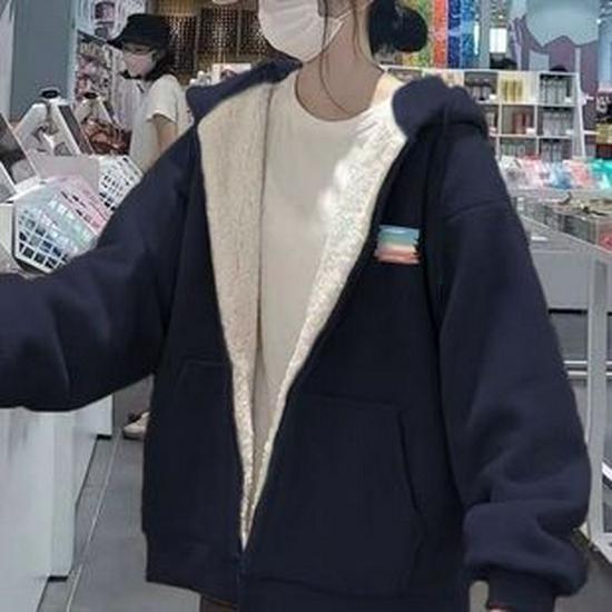 Women's Lambswool Hooded Sweatshirt - Winter 2025 Style, Plus Velvet, Thickened, Loose Cardigan, Trendy and Warm Outerwear for Students.