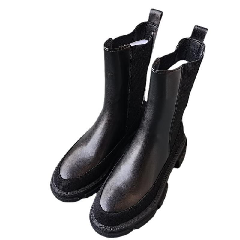 Dámské Béžová Černá Střední kozačky Jaro Podzim Přírodní kůže Hovězí kůže Šití Chelsea Boots Boty