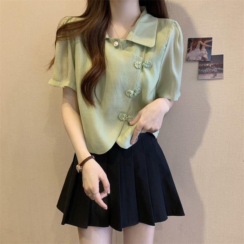 Women's Summer Slimming and Chubby Girl with Bubble Sleeves and Button Up Shirt Chinese Style Chiffon Top