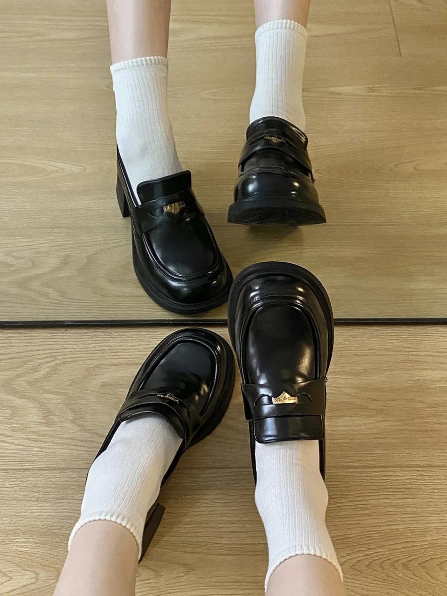 

Весна Осень Женские Лоферы Ретро Коричневые Увеличивающие Рост Противоскользящие Туфли Британские Банкетные Подходящие Высокие Каблуки 2025 35 чёрный