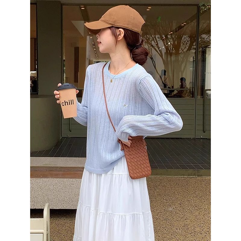 

Hollow round Neck Ice Silk Long sleeve Knit Women 2025 Spring Summer New Design Sunscreen Cover up Early Summer Top Blue Quality Edition S