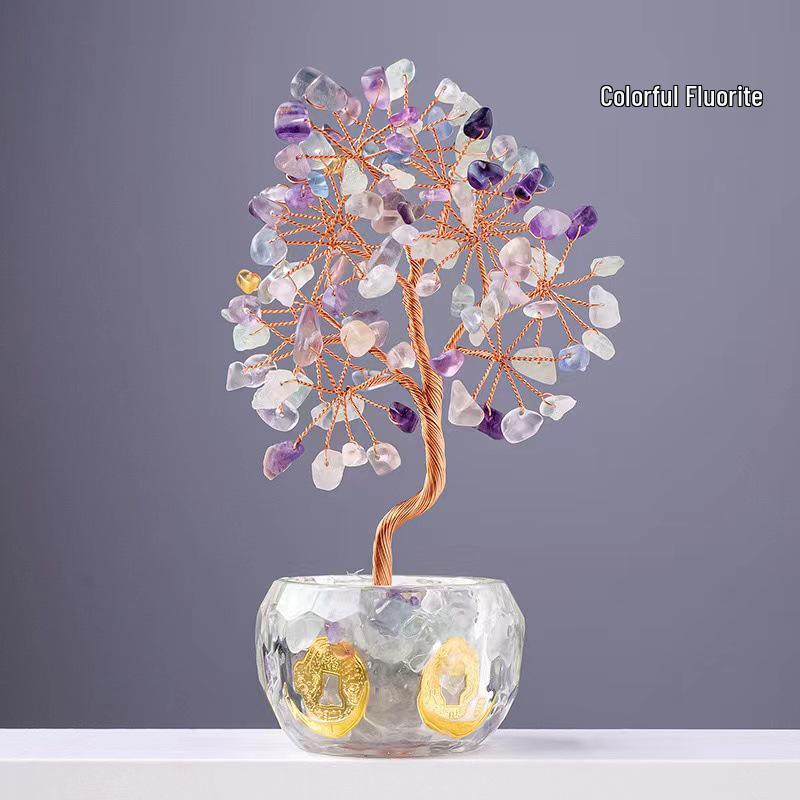 Handmade Crystal Money Tree Ornament - Natural Gemstone Tree of Life Desktop Decoration 12 Trees without Coins