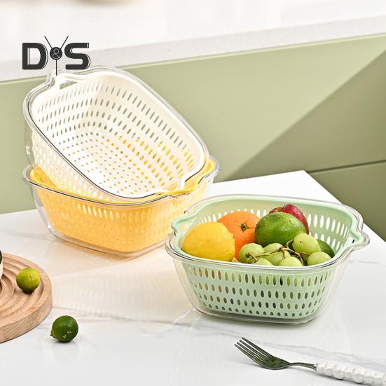 1/3Pcs Double-layer Fruit Vegetable Wash Basins Drain Baskets with Handle Food Grade BPA Free Easy to Clean Storage Baskets