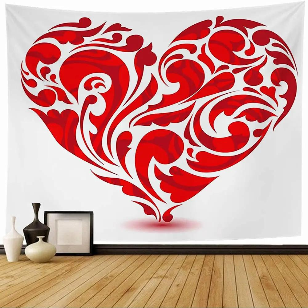 Love Tapestry Floral Love Romantic Shape Heart Tapestry Valentines Day Flowers Wall Hanging Decor for Bedroom Living Room Dorm