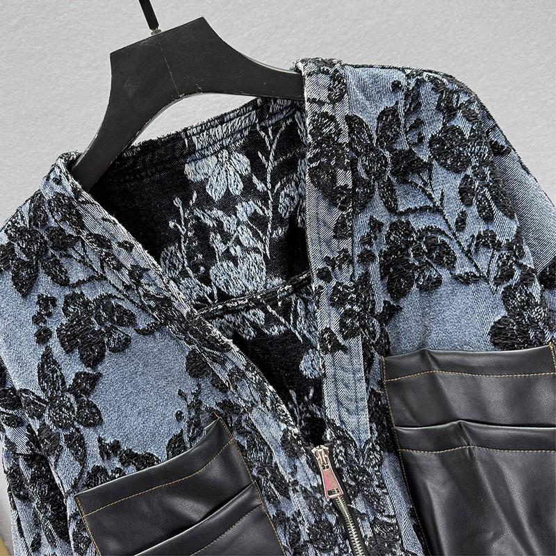 Womens Vintage Distressed Denim Jacket Loose Fit V-Neck Long Sleeve Floral Embroidered Streetwear Top 2026