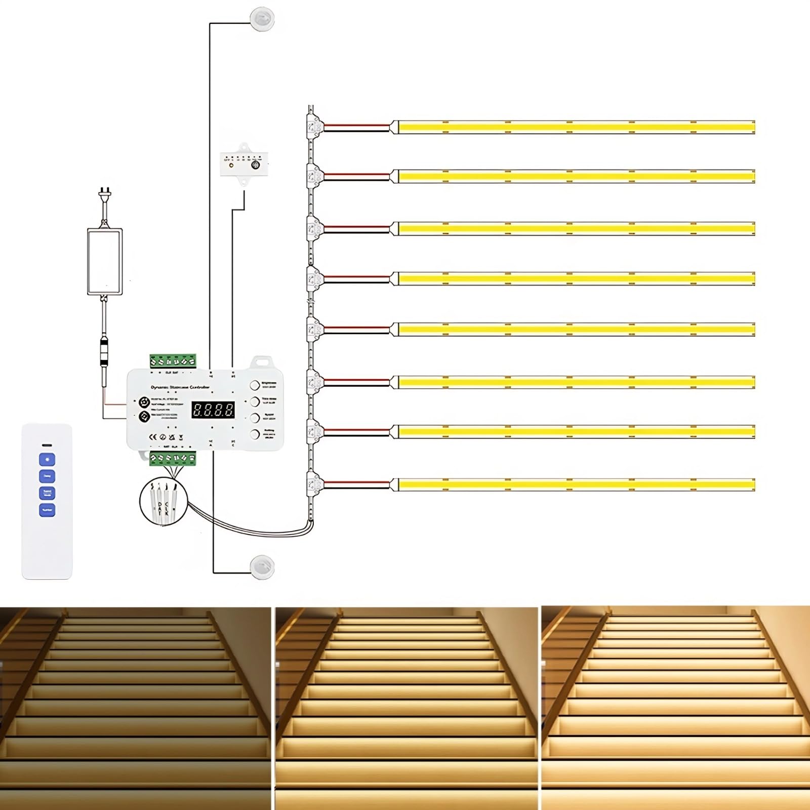 

Intelligent motion sensor LED stair lighting kit for 16 includes main wire and daylight remote control 3000K warm white 1m COB LED strip built-in