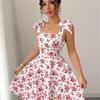 Strap Top Floral Dress Women A-line Sleeveless Lace Up Pleated Hem Spring Summer S-XL