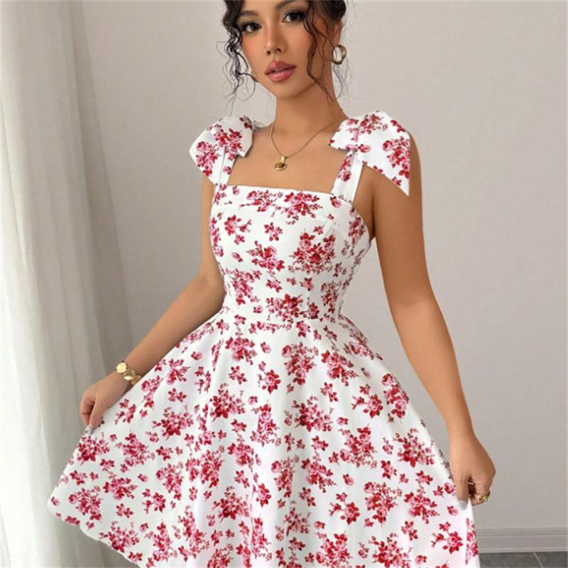Strap Top Floral Dress Women A-line Sleeveless Lace Up Pleated Hem Spring Summer S-XL