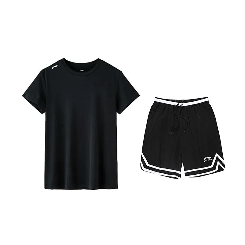 

Li-Ning Solid Color Simple Short Sleeve T-Shirt And Comfortable Striped Shorts Casual Sports Suit Unisex Sets ATSV597-2+YAPV001-1 XL