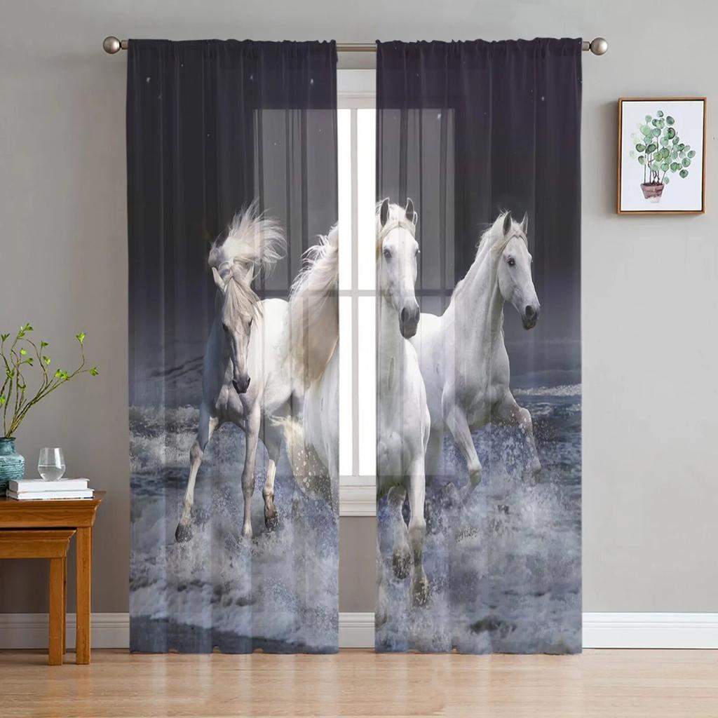 Black White Horse Watercolor Painting Tulle Sheer Window Curtains for Living Room Kitchen Children Bedroom Voile Hanging Curtain