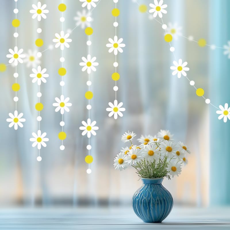 52.5 Ft Yellow White Polka Dot Daisy Hanging Garland Banner Groovy Boho Daisy Paper Garlands for Birthday Baby Shower Wedding Bridal Shower