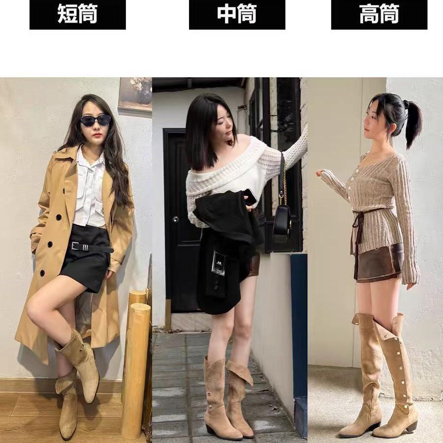 Spot second hair~ Pile boots 2025 new autumn and winter thick heel medium tube western fold knee boots