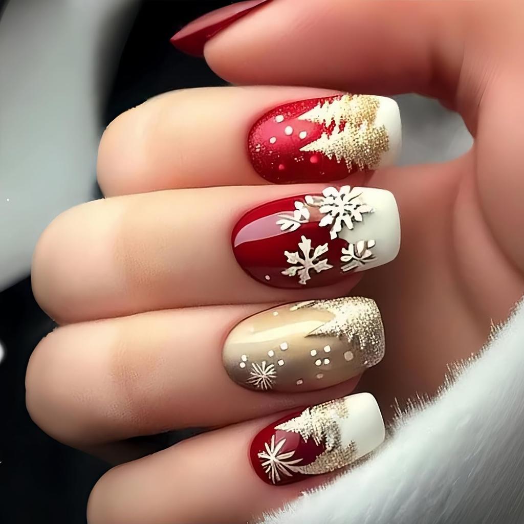 Christmas Press On Nails Medium Square Fake Nails with Gold Snowflake Christmas Tree Designs Xmas Red False Nail Acrylic Winter Snow Stick On Nail