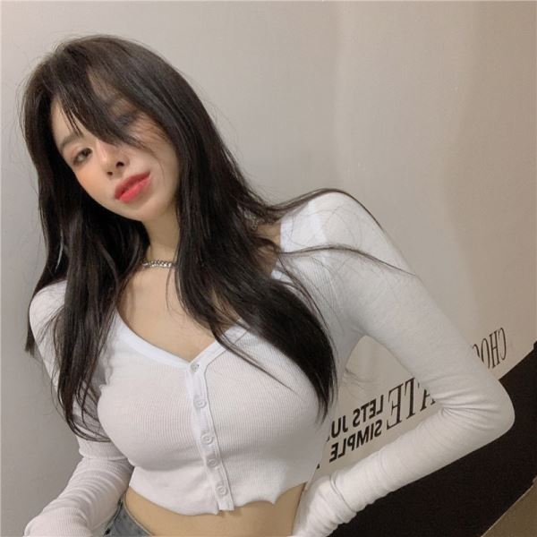 

Весна Женщины Вязаный Кардиган Низкий Вырез V-образный вырез с длинными рукавами Короткие нити Футболка Пупок Нижний Рубашка Тугой Топ XL