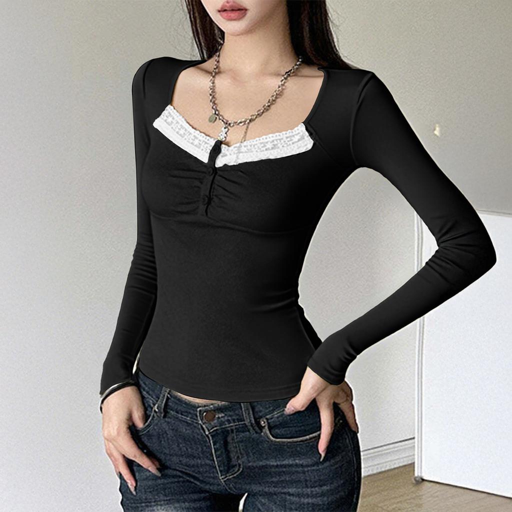European American Lace Long-sleeved Base Shirt T-shirt Women's 2025 Autumn Winter
