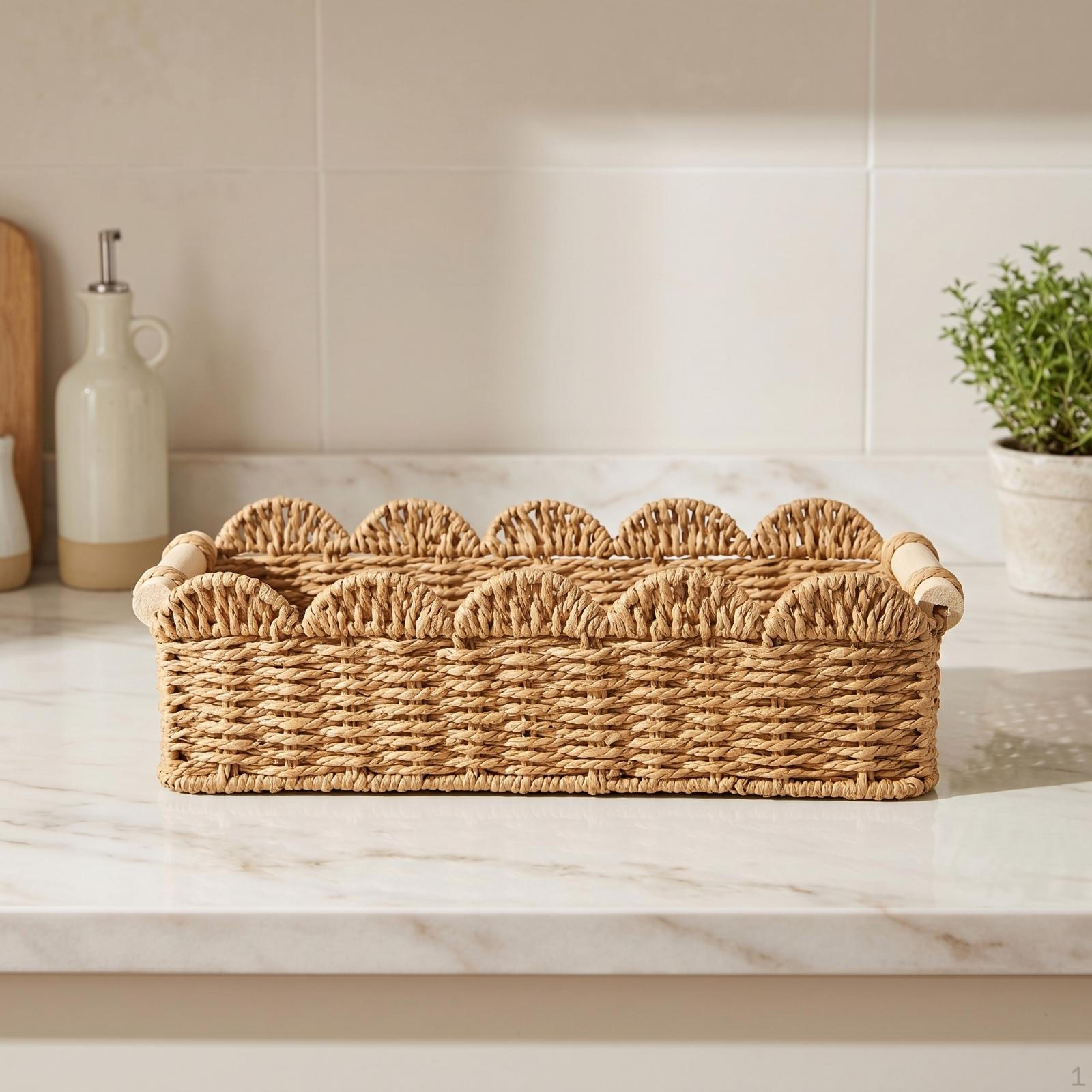 Woven Organizer Basket with Handles Rectangular Rattan Look Lightweight for Countertop,