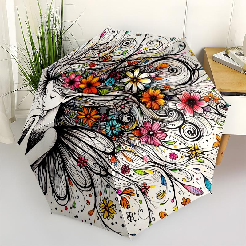 1pc Flower Fairy Automatic Open/close Umbrella, 8-Rib sturdy structure, Portable Travel Umbrella, Parties, Everyday Use, 48