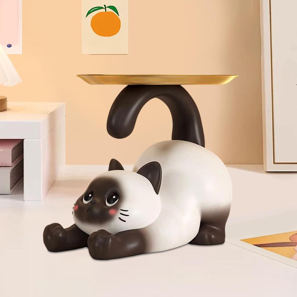 Cat Candy Dish Cat Figurine with Storage Tray Resin Key Holder Bowl for Candy Entryway Table Home Living Room Bedroom Cabinet