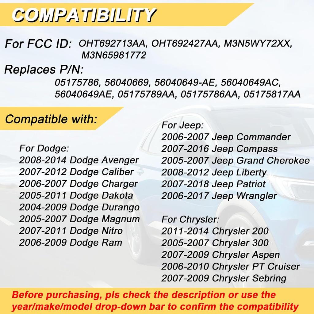 Key Fob fits for 04-09 Dodge Durango/ 05-11 Dakota/ 06-09 Ram/ 08-14 Avenger/ 07-12 Caliber Nitro/ 06-17 Wrangler/ 07-16 Compass Patriot/ 2006-2010