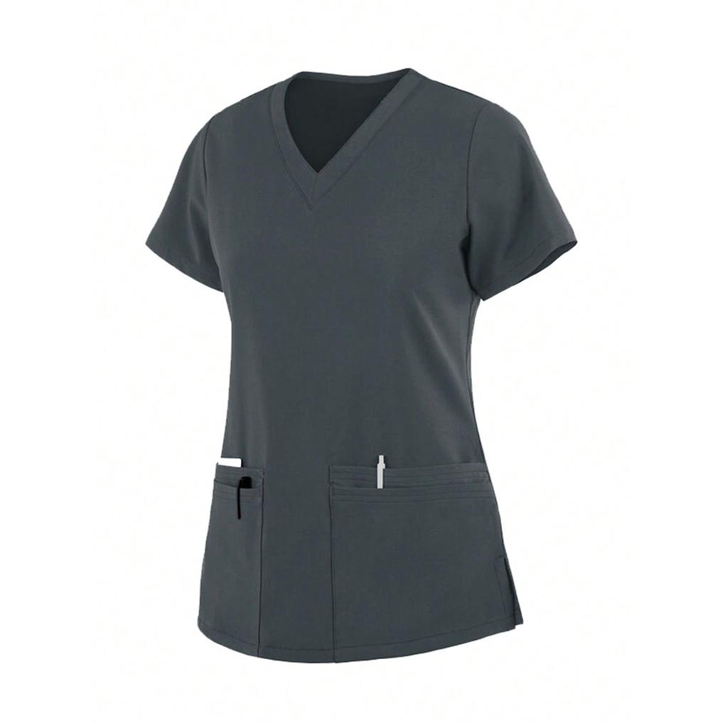 Women's Short Sleeved Solid Color V-Neck Pocket Top Pants Work Clothes Two-Piece Set