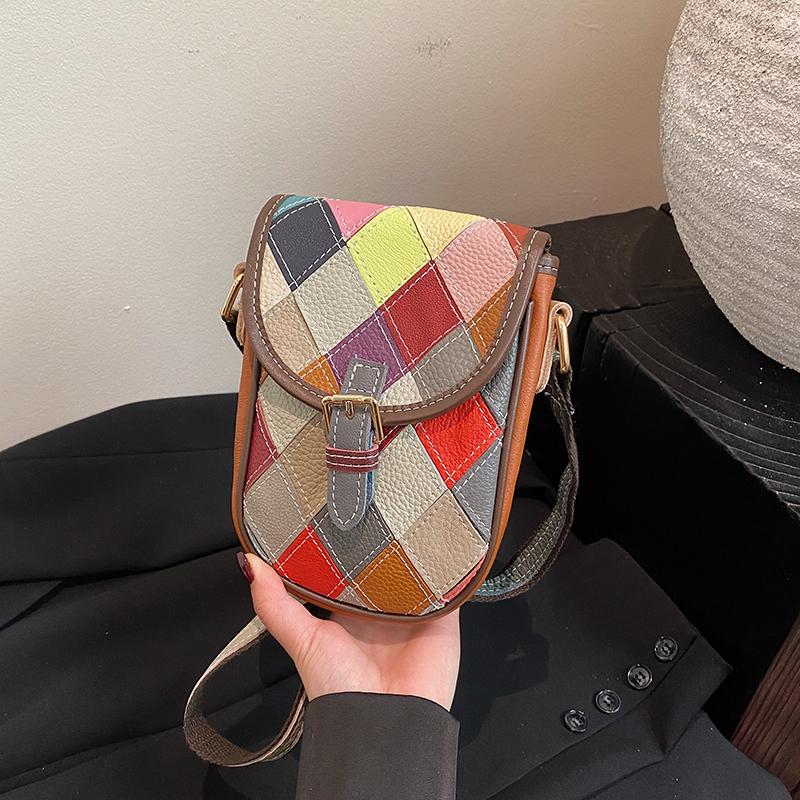 Fashion Leather Cowhide Mobile Phone Bag Color Rhombus Splicing Hand-woven Shoulder Mini Messenger Women's Bag