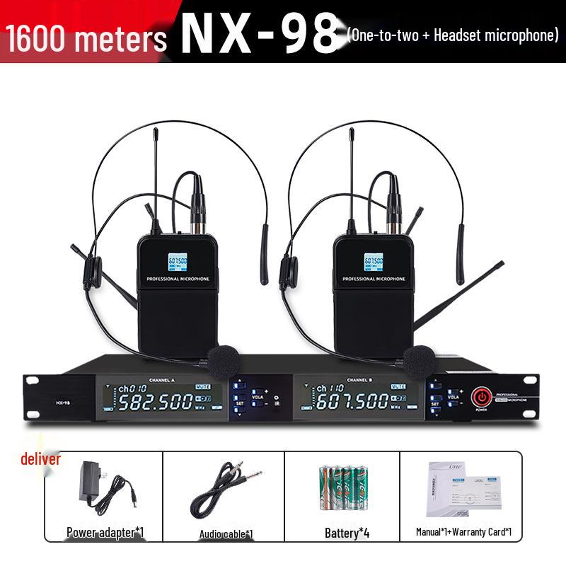 Professional UHF Dual Wireless Microphone System with Handheld and Headset for Conference, Performance, and KTV