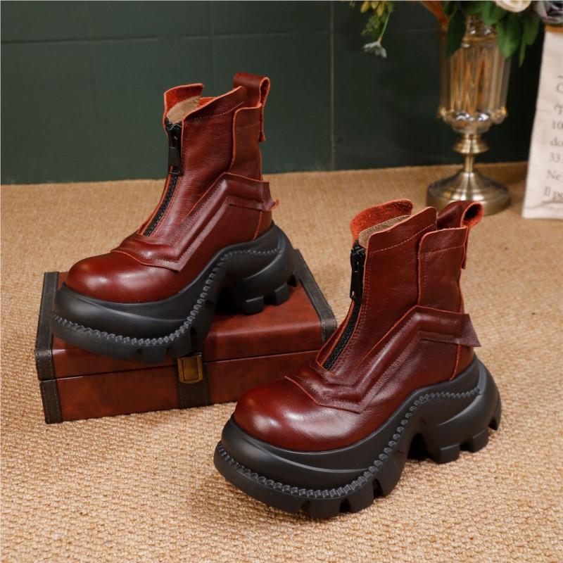 Johnature Thick Soled Short Boots Women's Genuine Leather Front Zipper Platform Boots