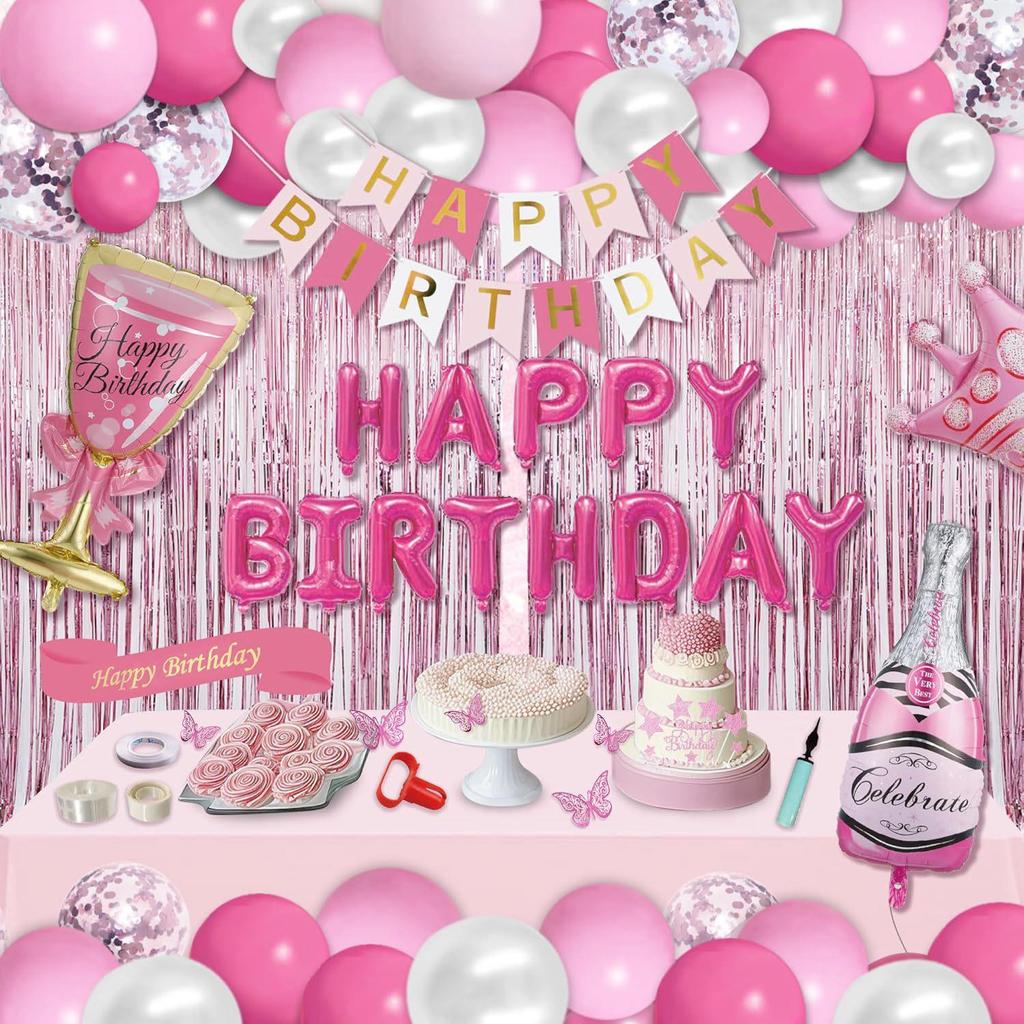 Pink Heart Love Birthday Party Balloon Set with Tinsel Decorations