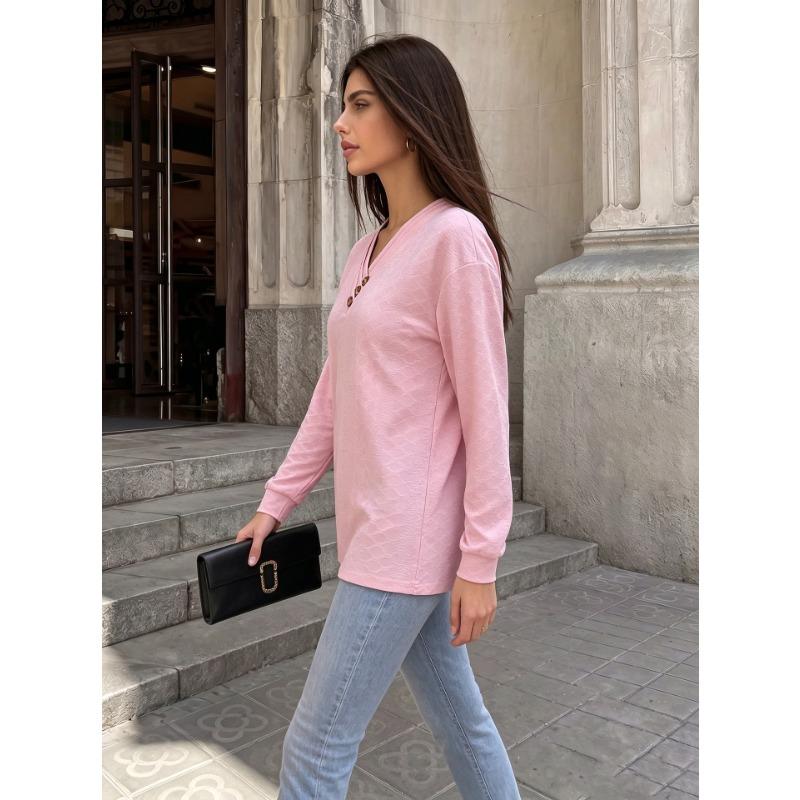 Solid Color V Neck Button Decor Loose Long Sleeve Casual T Shirt Top