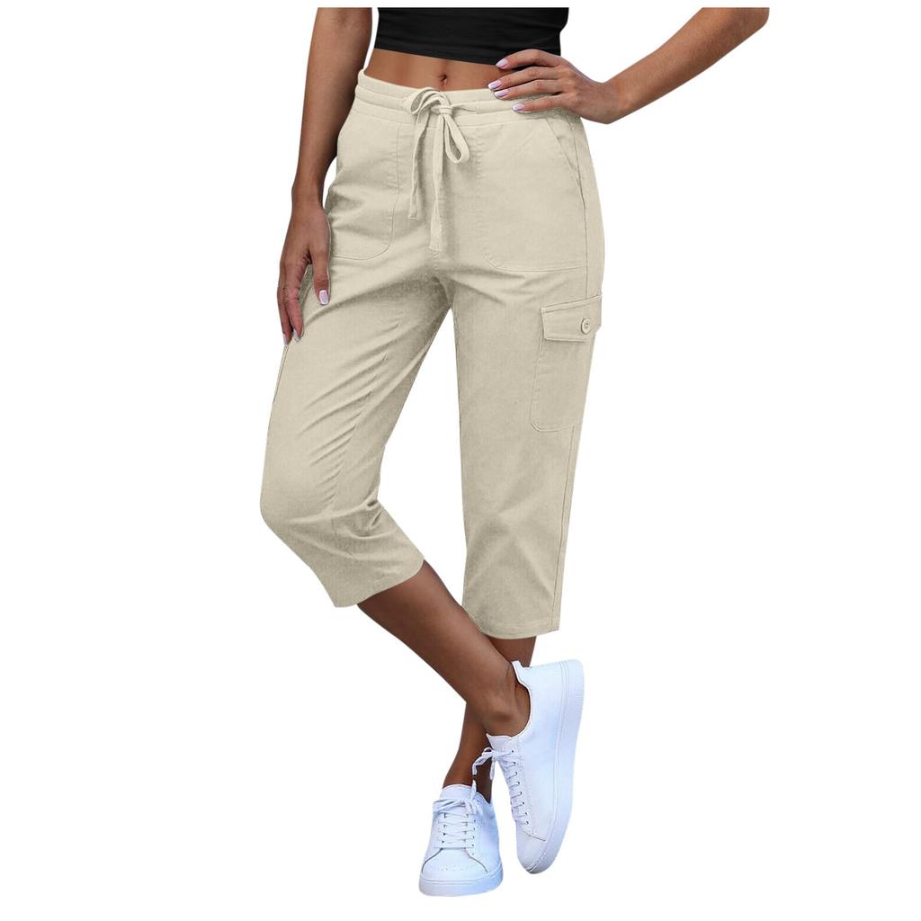 Women Elastic High Waist 3/4 Pant Casual Fit Wide Capris Leg Pants Trousers With Pockets